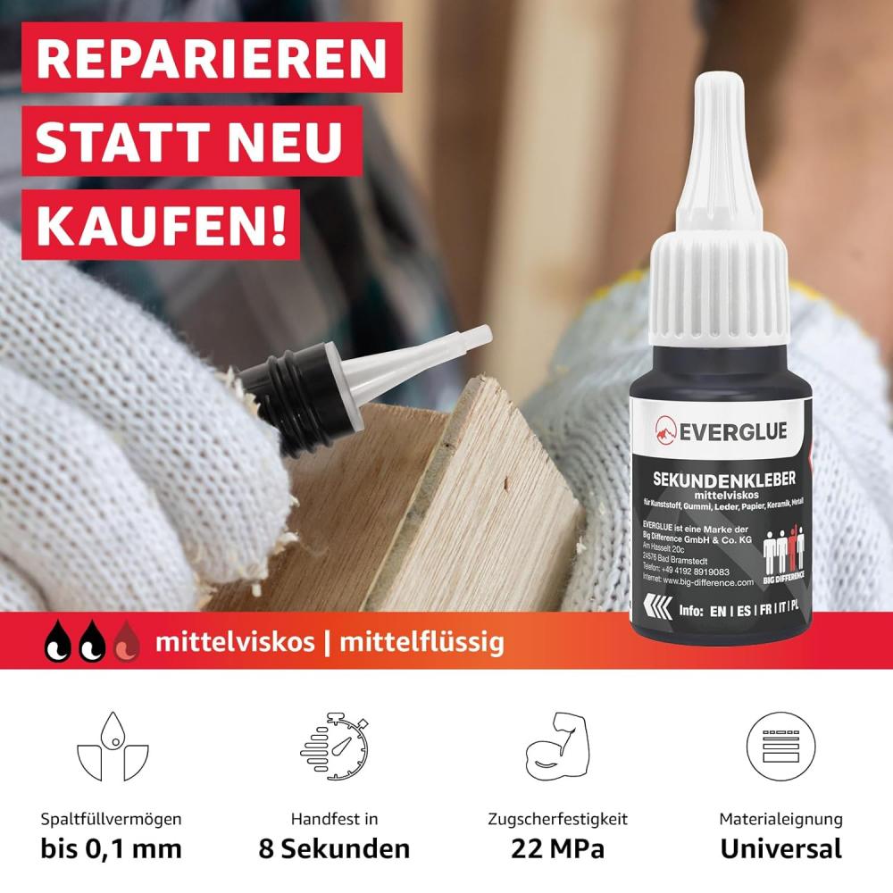 Reparieren statt neu kaufen! Eigenschaften: Spaltfüllvermögen bis 0,1 mm. Handfest in 8 Sekunden. Zugscherfestigkeit 22 MPa. Materialeignung: universal.